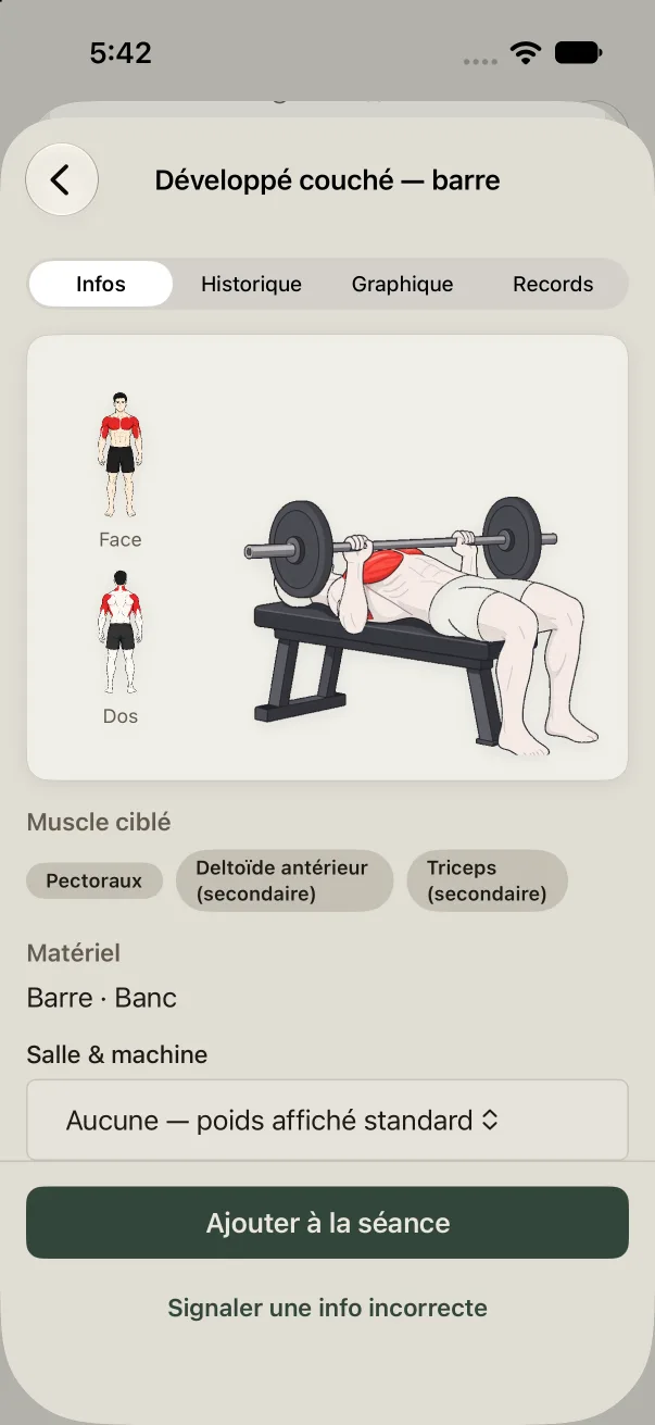 Exercise page: muscles worked diagram, equipment and variants