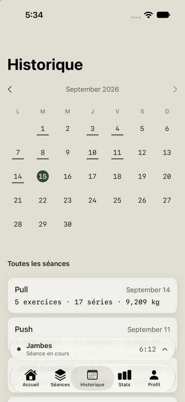 Monthly workout calendar with the details of one day