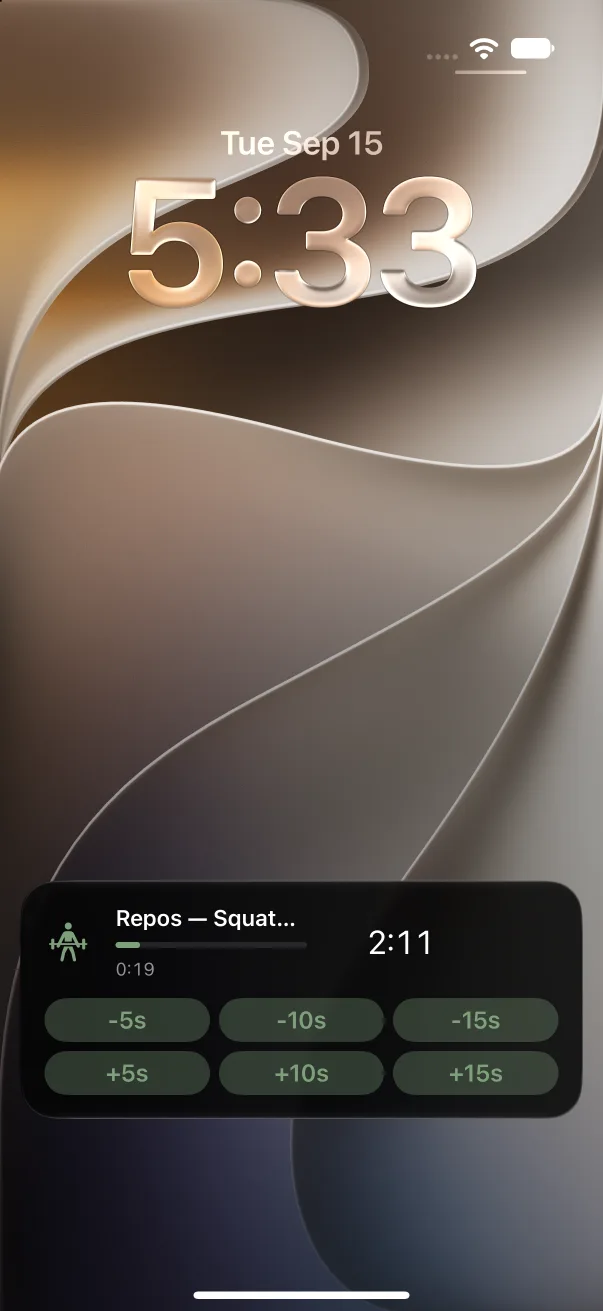 Rest timer on the Lock Screen, with adjustment buttons