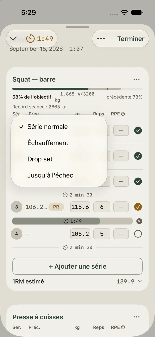 Set type picker: normal, warm-up, drop set, to failure